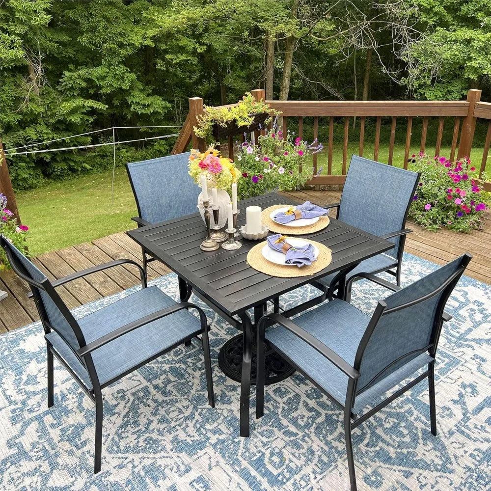 5 Piece Patio Dining Set With Blue Chairs And Umbrella