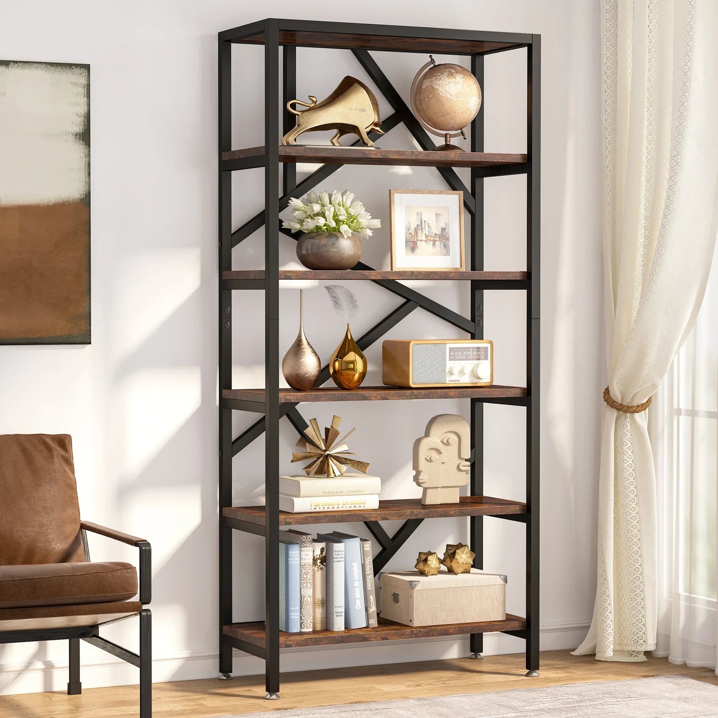 Tribesigns 71 Inch Industrial Etagere Bookcase 5 Shelf Display Rack for Living Room