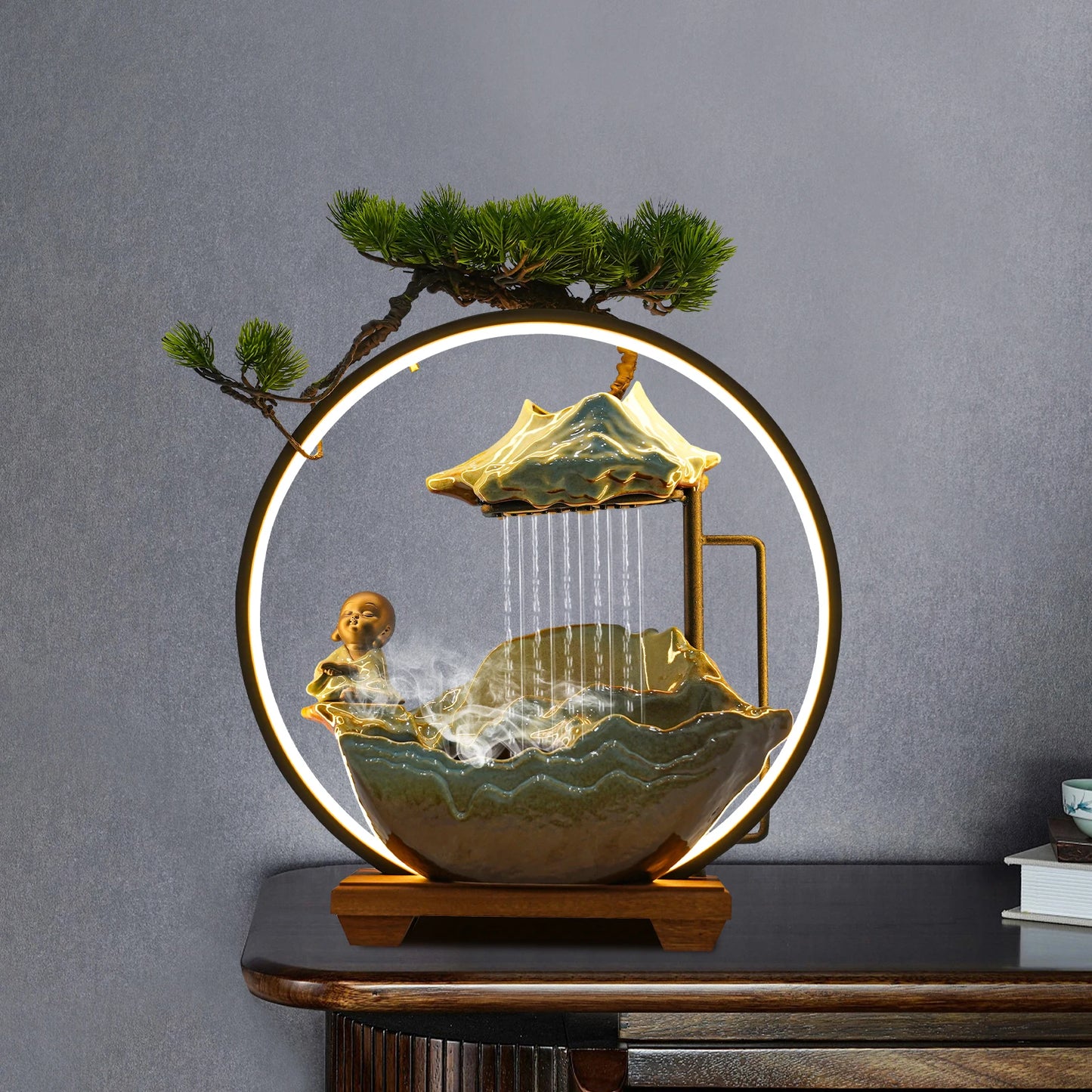 Modern Ceramic And Wood Tabletop Zen Water Fountain Desktop