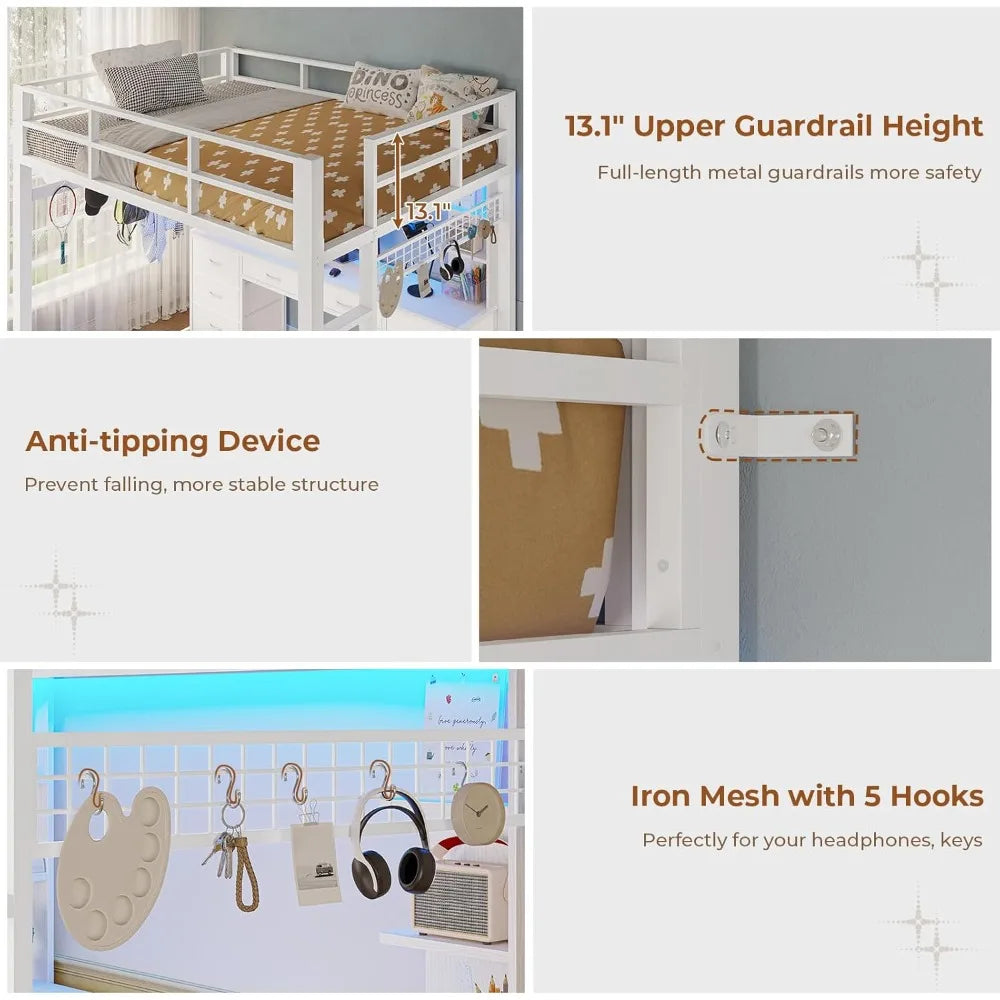 MKDK Loft Bed With Desk And ChargingStation LED Lighting