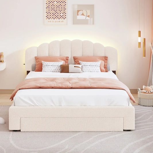 Soft cushion white petal shaped headboard, double bed, light yellow