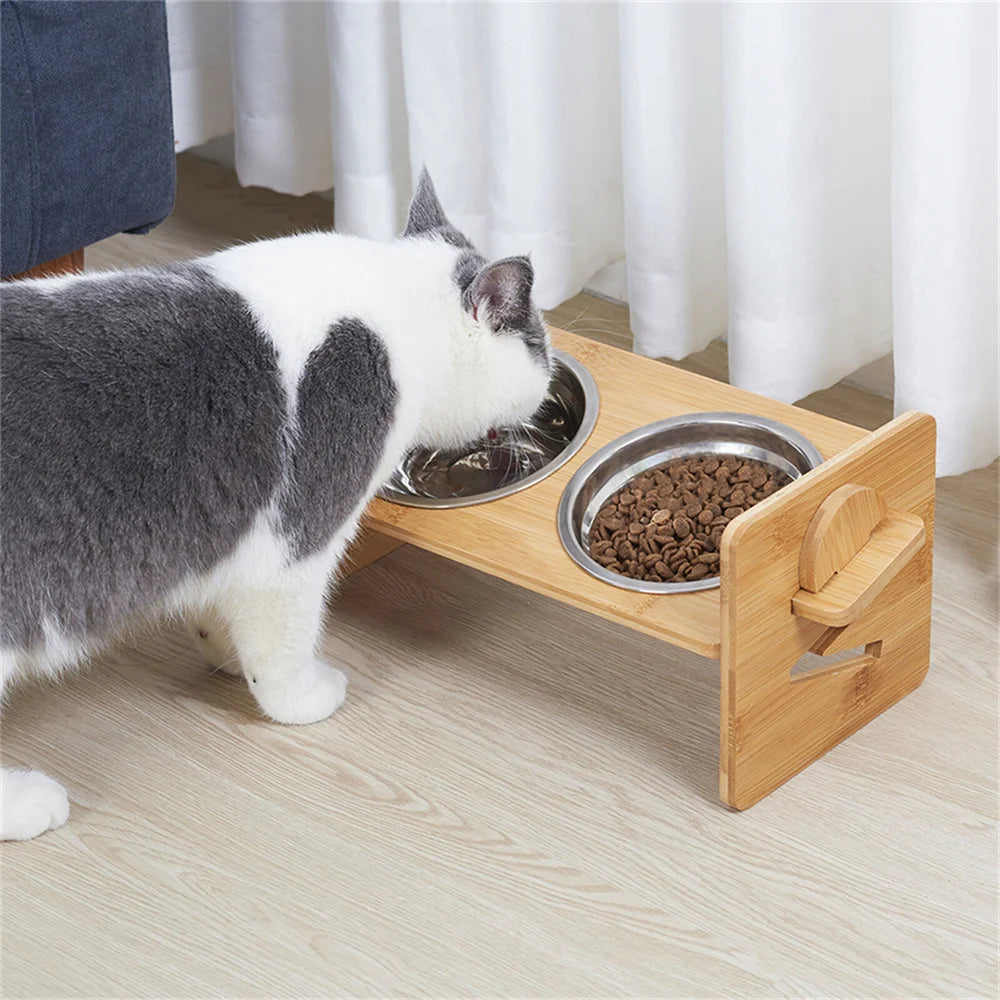 Adjustable Bamboo Elevated Dog Bowl Stand With 2 Bowls