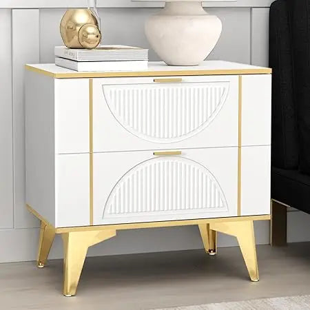 White Gold Wood Nightstand Set Of Two With Two Drawers