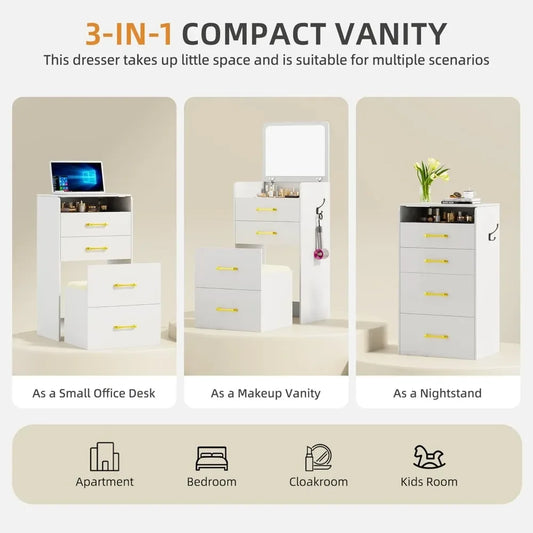 3 in 1 Flip Top Vanity Desk With Mirror And Drawers
