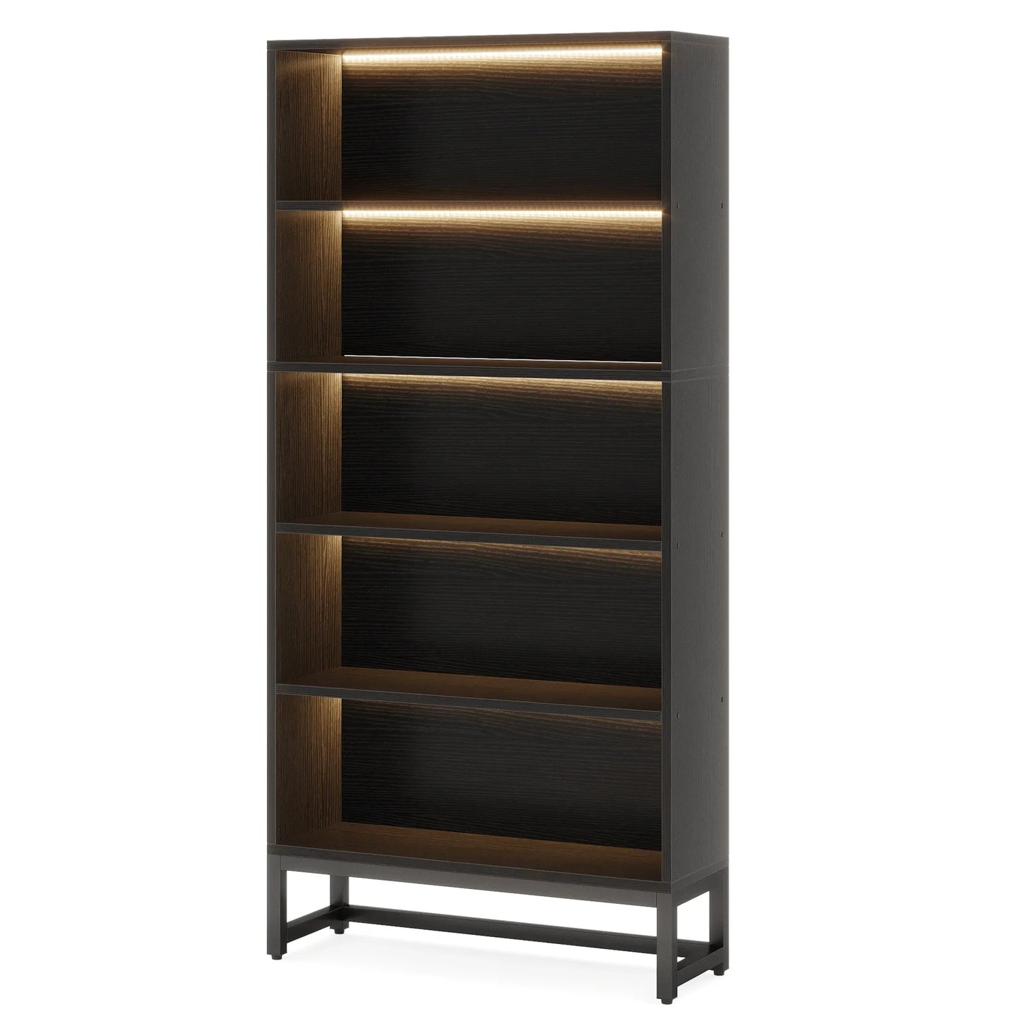 Tribesigns Tall Black Bookshelf 70.8 Inch Large Bookcase Organizer with LED Lights Heavy Duty Library Bookcase