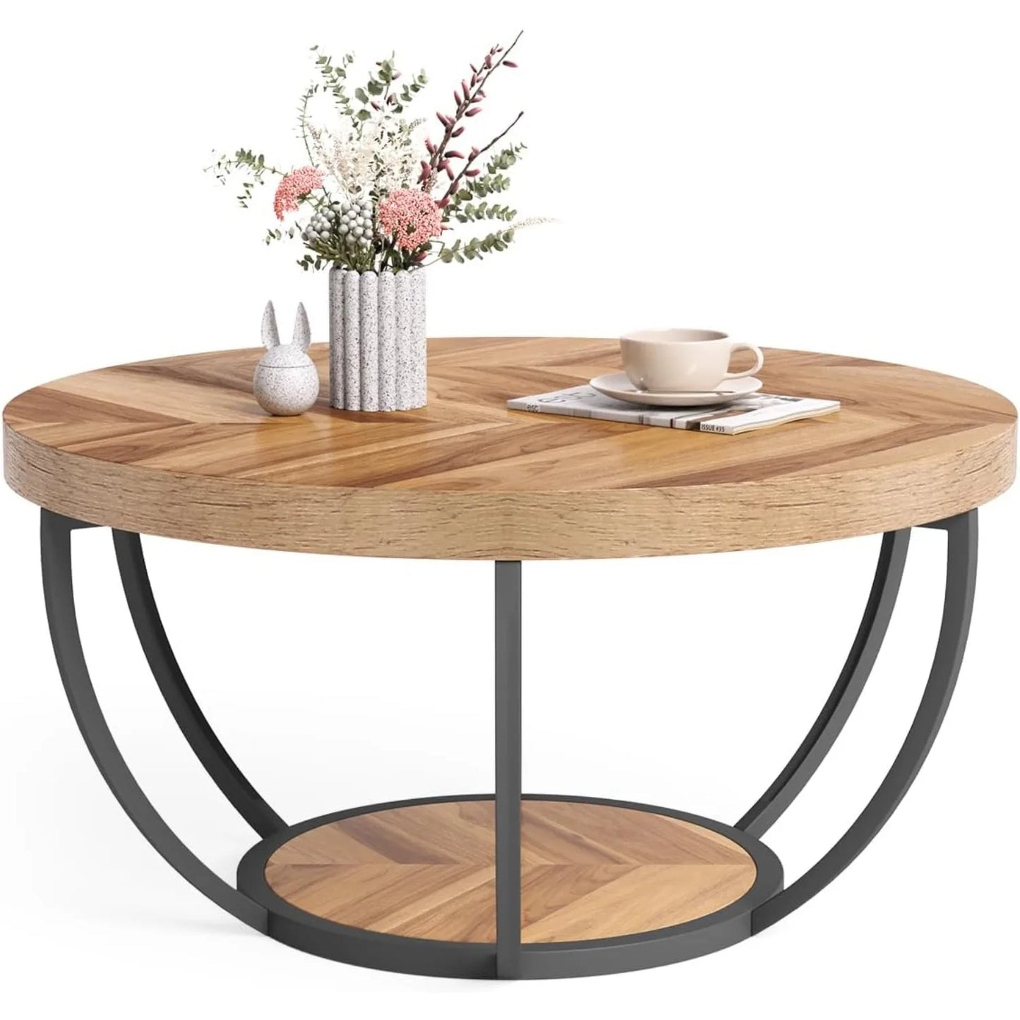 Little Tree 32 Inch Round Coffee Table 2 Tier Open Storage