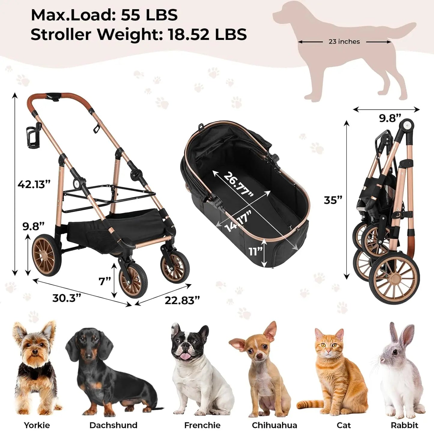 Foldable Pet Stroller 2in1 Dog Cat Buggy With Car Holder