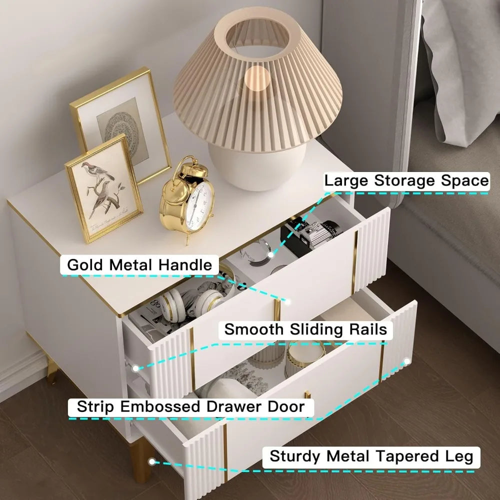 White Gold Wood Nightstand Set Of Two With Two Drawers