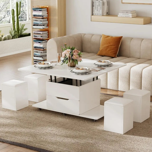 White Lift Top Coffee Table with Hidden Storage and 4 Stools Modern Multi-Function Folding Center Table on Casters