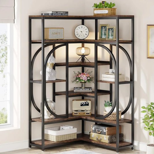 7 Shelf L Shaped Corner Bookshelf With Metal Frame Storage