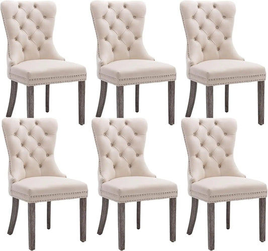 Velvet Dining Chairs Set of 6 Upholstered High End Tufted Dining Room Chairs with Nailhead Back Ring Pull Trim Solid Wood Legs Nikki Collection Modern Style for Kitchen Beige