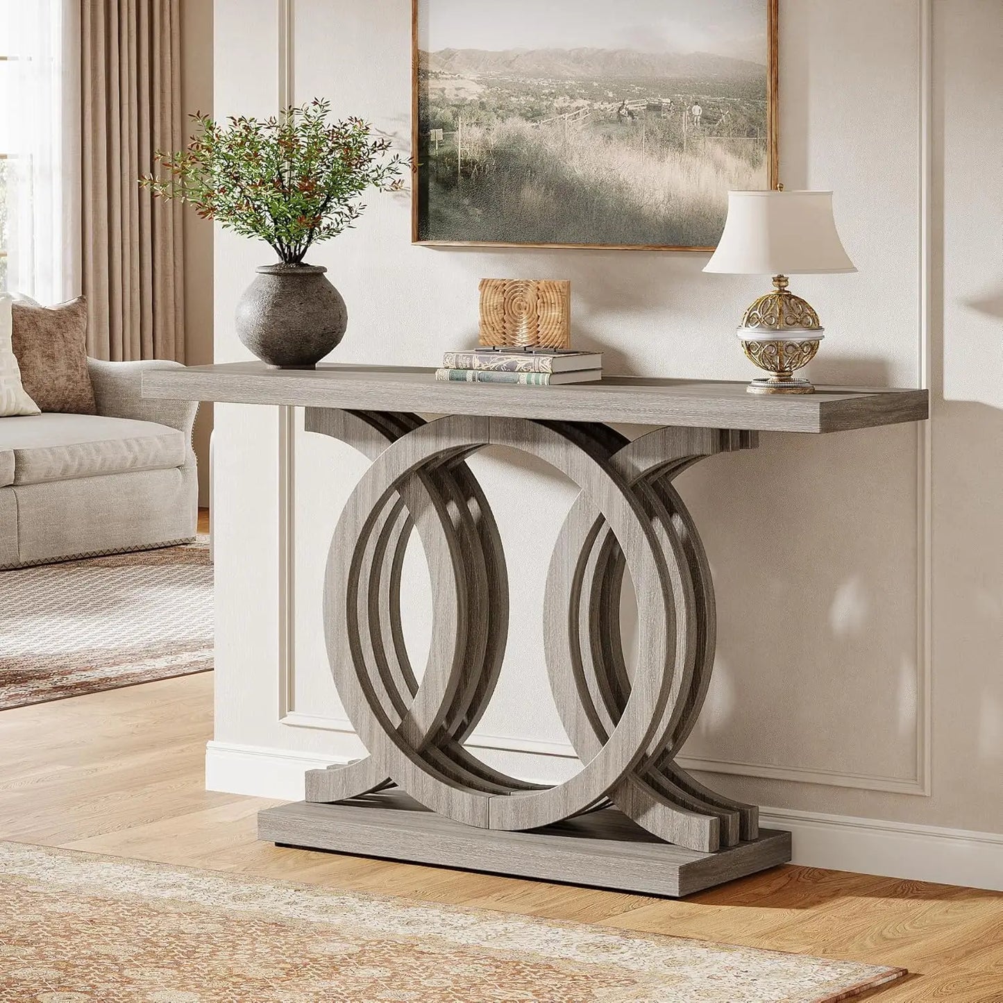 55 Inch Modern Console Table With Geometric Wood Base