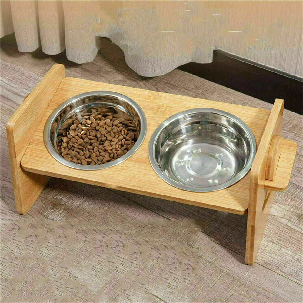 Adjustable Bamboo Elevated Dog Bowl Stand With 2 Bowls