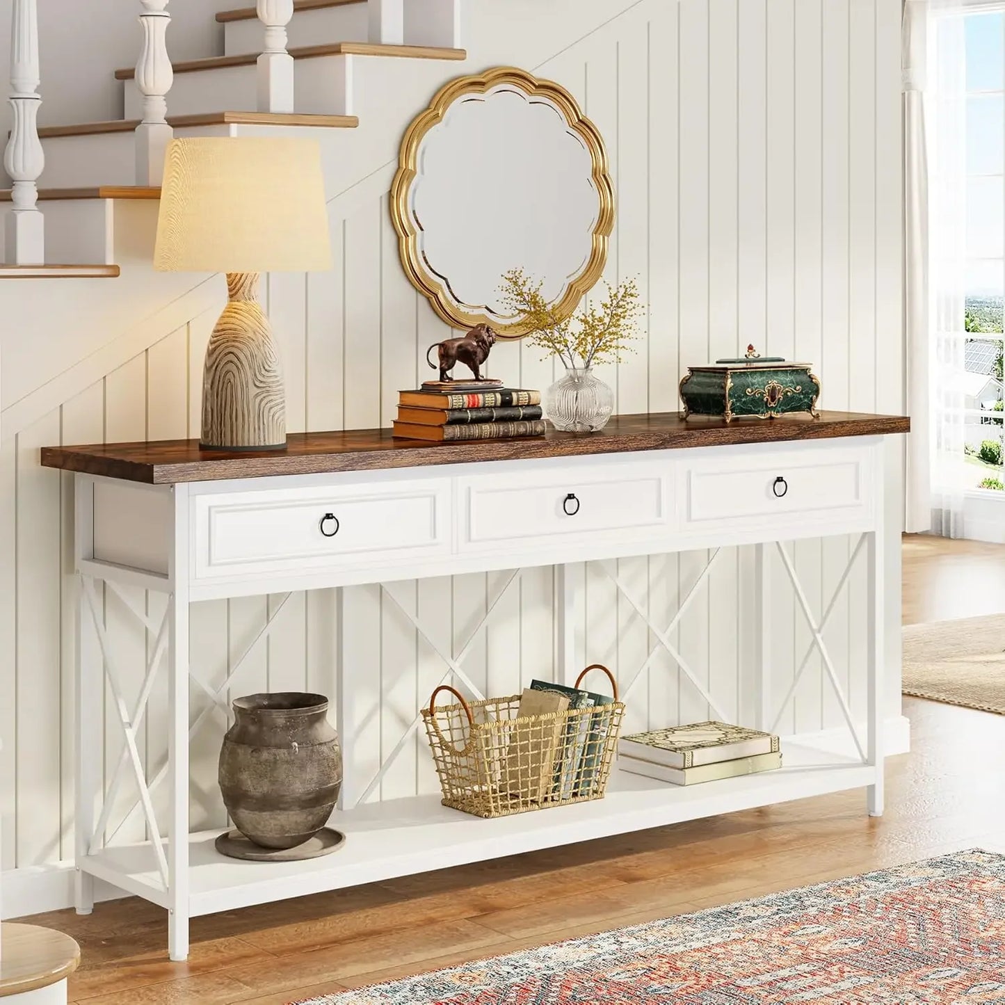 XMSJ Farmhouse Console Table With 3 Drawers Storage