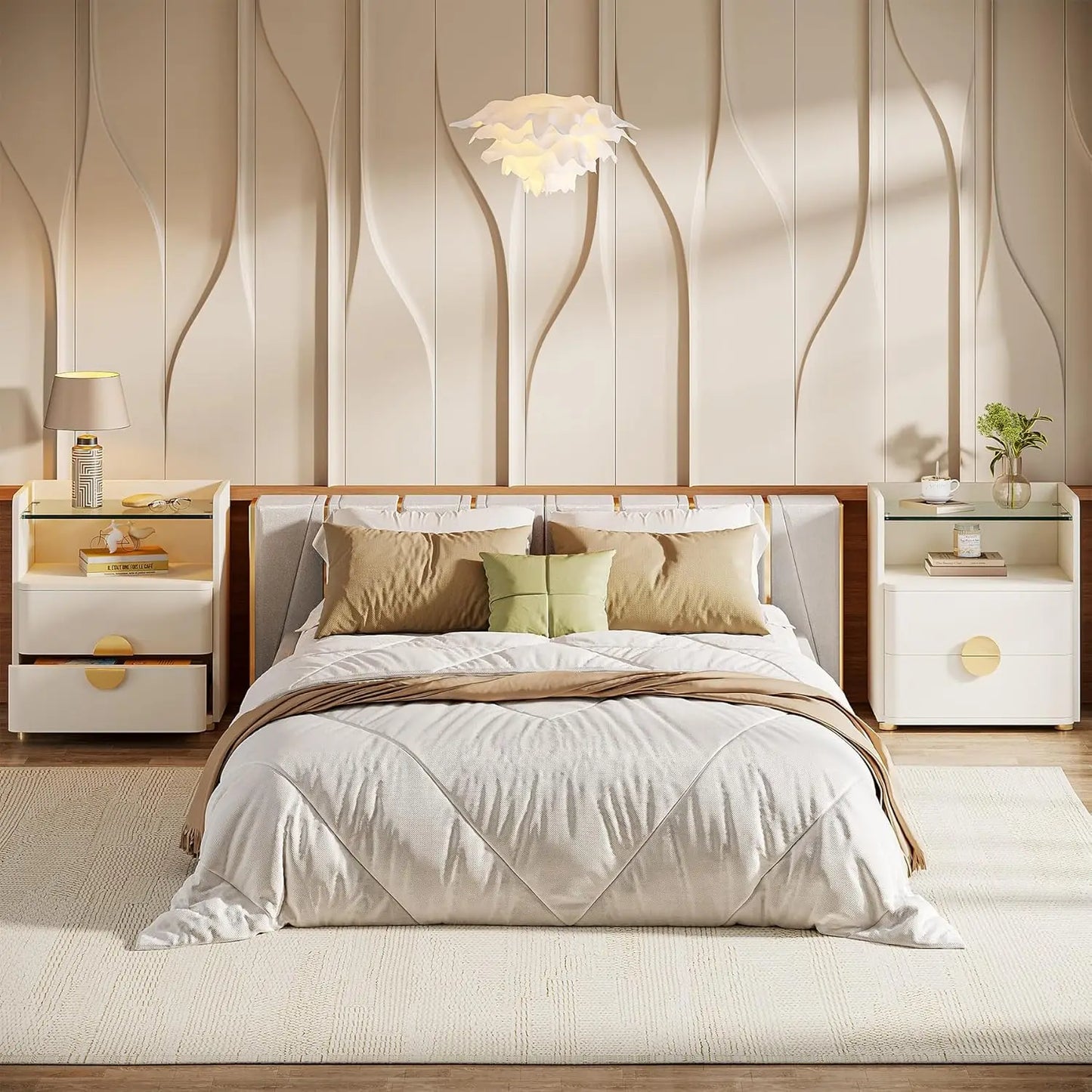 Modern White Nightstand With 2 Drawers And Shelf For Bedroom