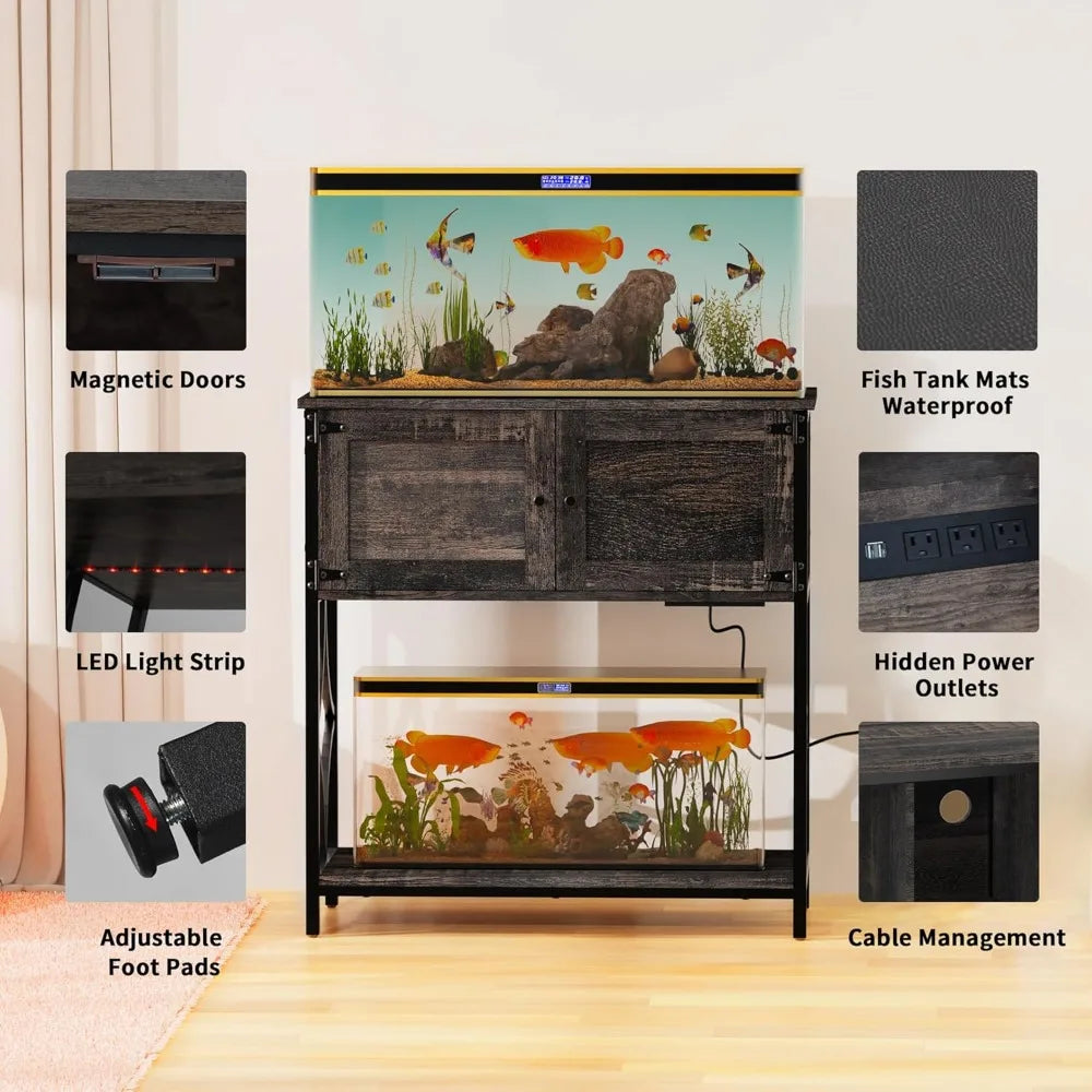 Color Aquarium Stand With Power Outlets LED Light Cabinet