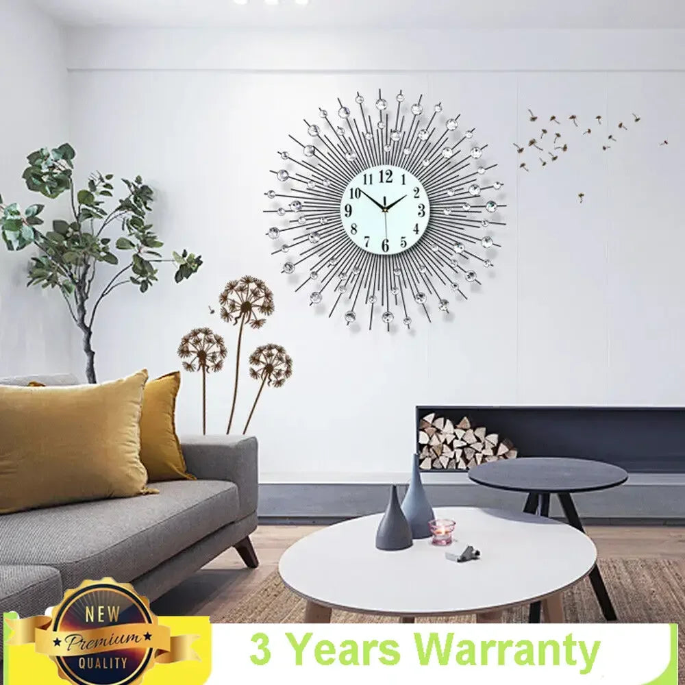 Display Sunburst Metal Wall Clock Luxury Modern Decor