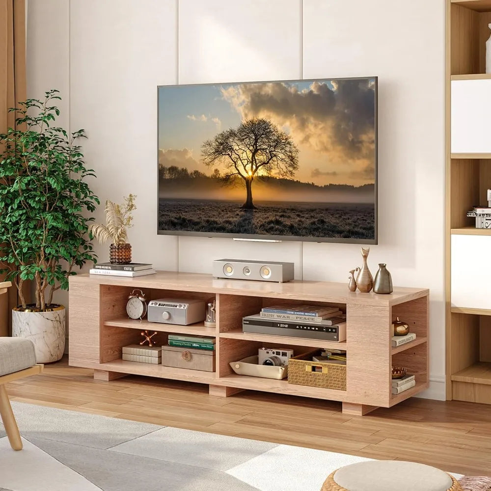 Starjoy Wood TV Stand for 65 Inch Flat Screen, Modern Entertainment Center With 8 Open Shelves, Farmhouse Storage Cabinet for L|
