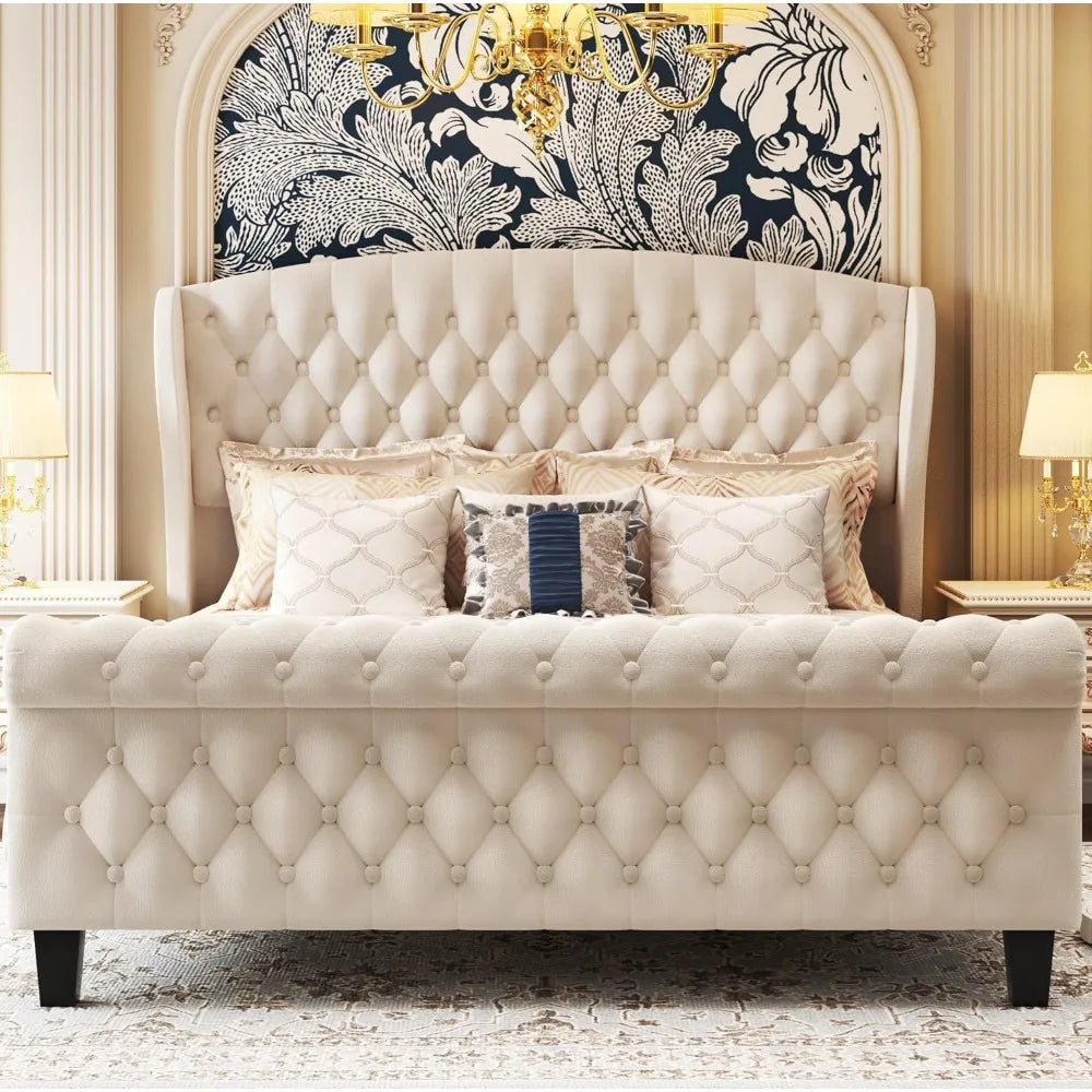 XMSJ Velvet Sleigh Bed Frame Modern Style Metal Design