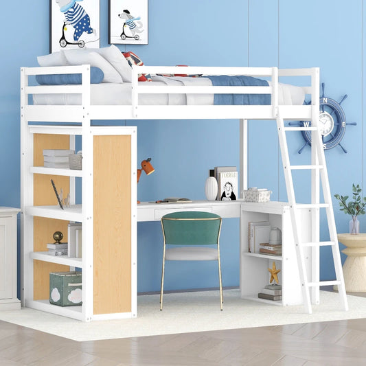 Modern White Double Decker Loft Bed With Desk Minimalist