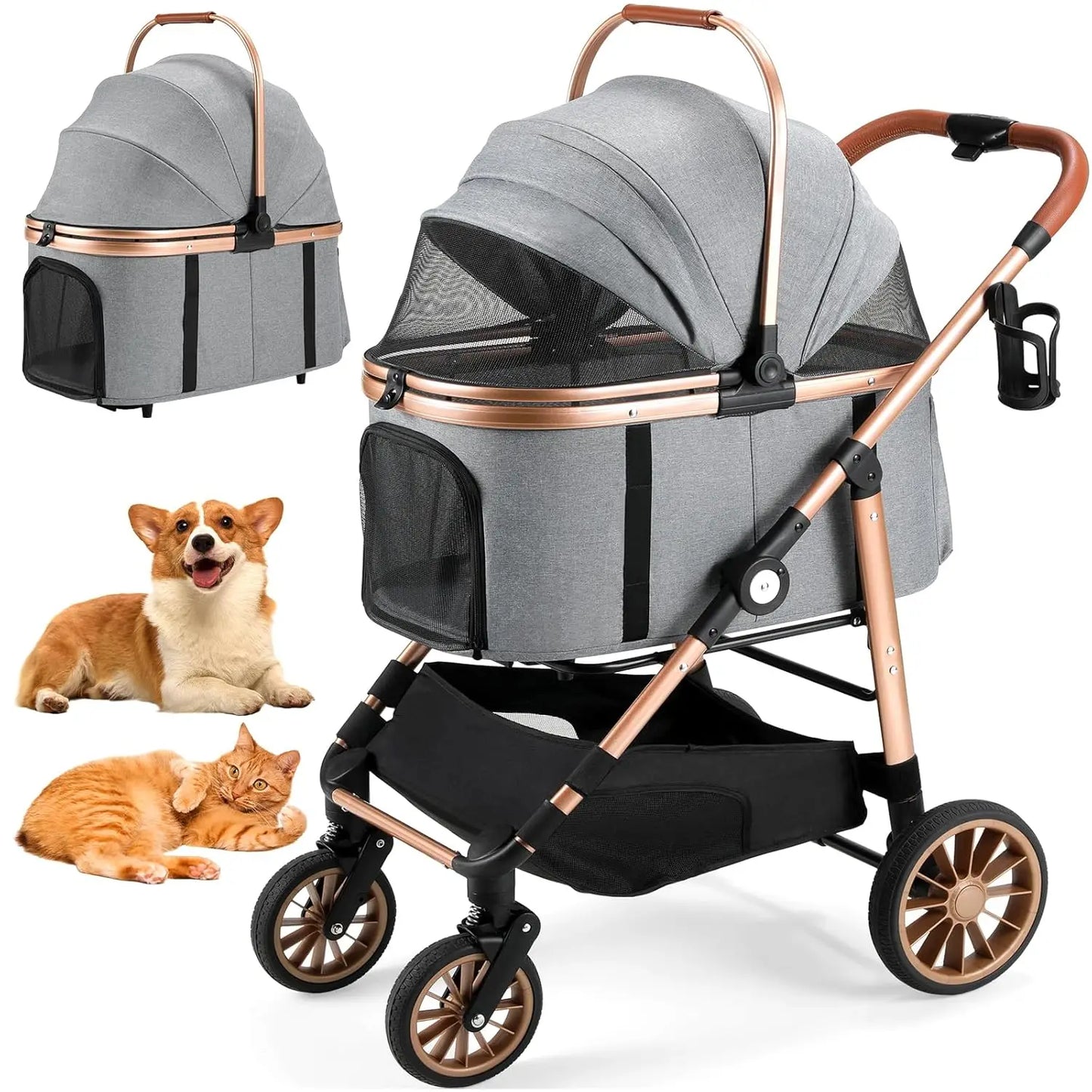Foldable Pet Stroller 2in1 Dog Cat Buggy With Car Holder