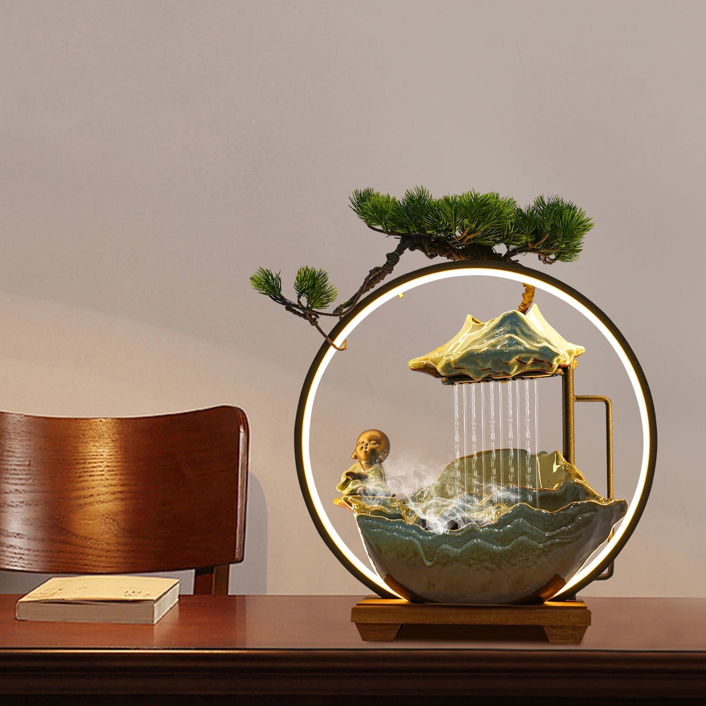 Modern Ceramic And Wood Tabletop Zen Water Fountain Desktop