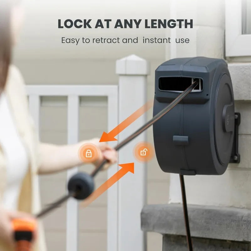 Auto Rewind Garden Hose Reel Wall Mount Locking System