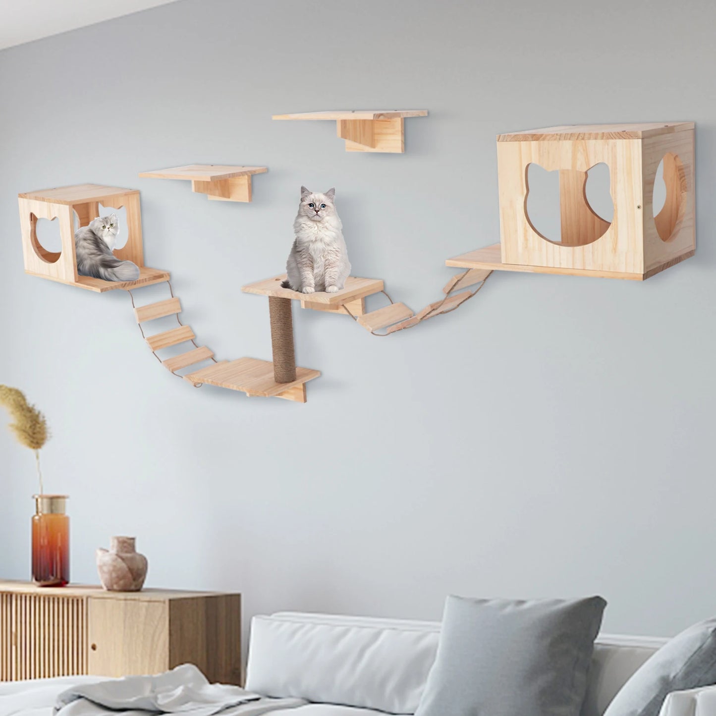 Sichuan Cat Wall Climber Set 9 Pieces Wood Cat Tree With Condos Shelves And Ladders