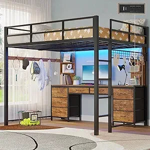 Loft Bed With Desk And Storage Metal Frame LEDLights