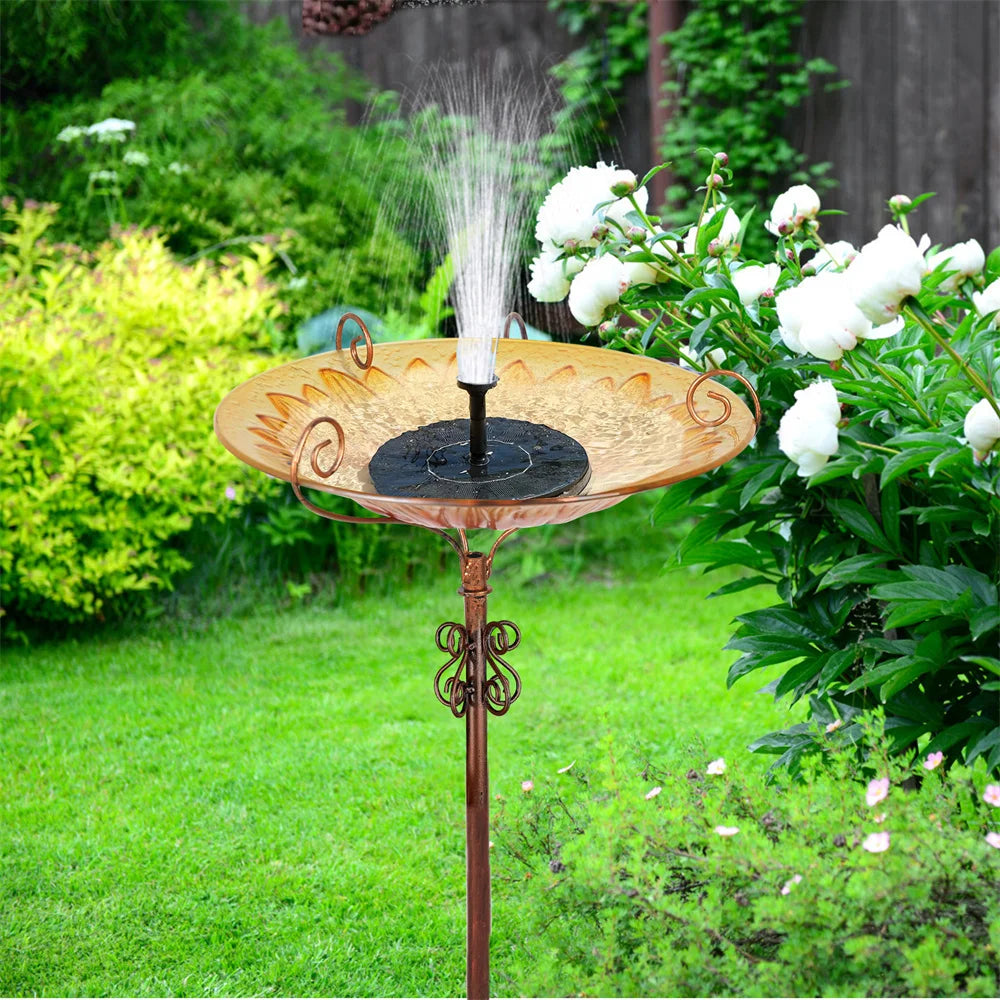 Glass Bird Bath With Metal Stake Bee Sunflower Design