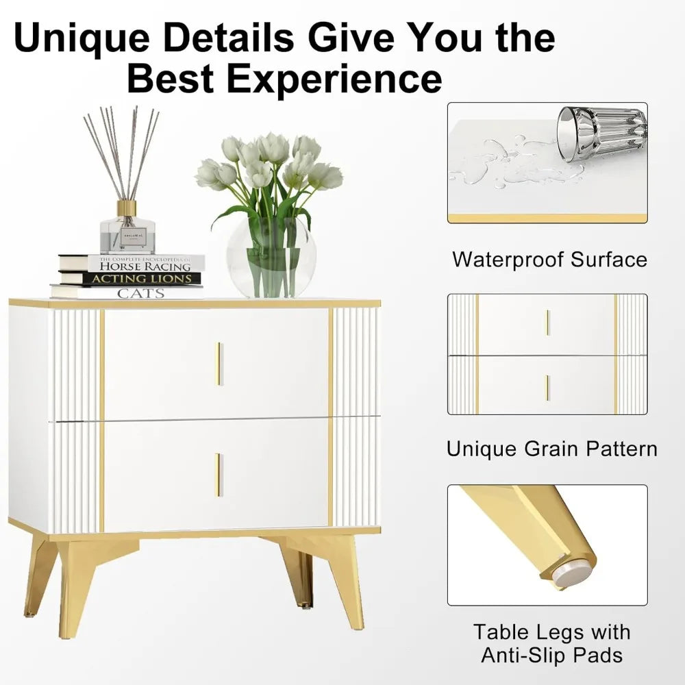 White Gold Wood Nightstand Set Of Two With Two Drawers