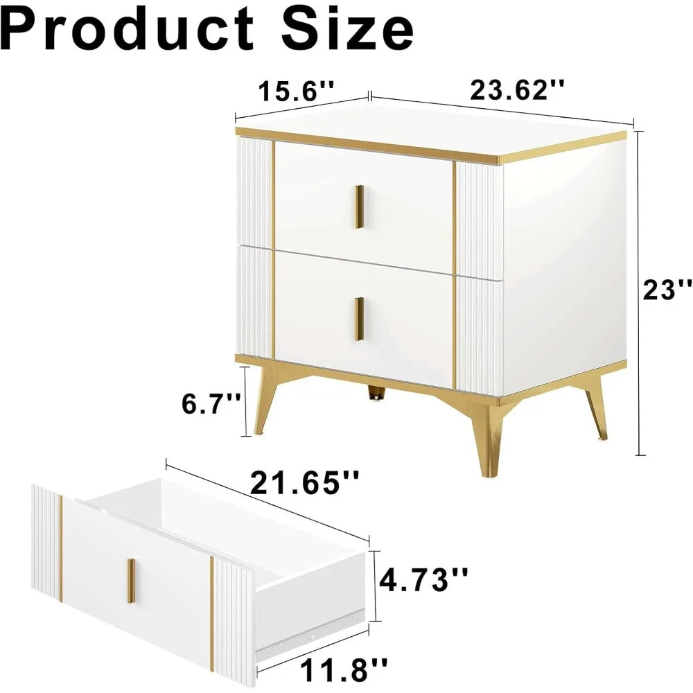 White Gold Wood Nightstand Set Of Two With Two Drawers