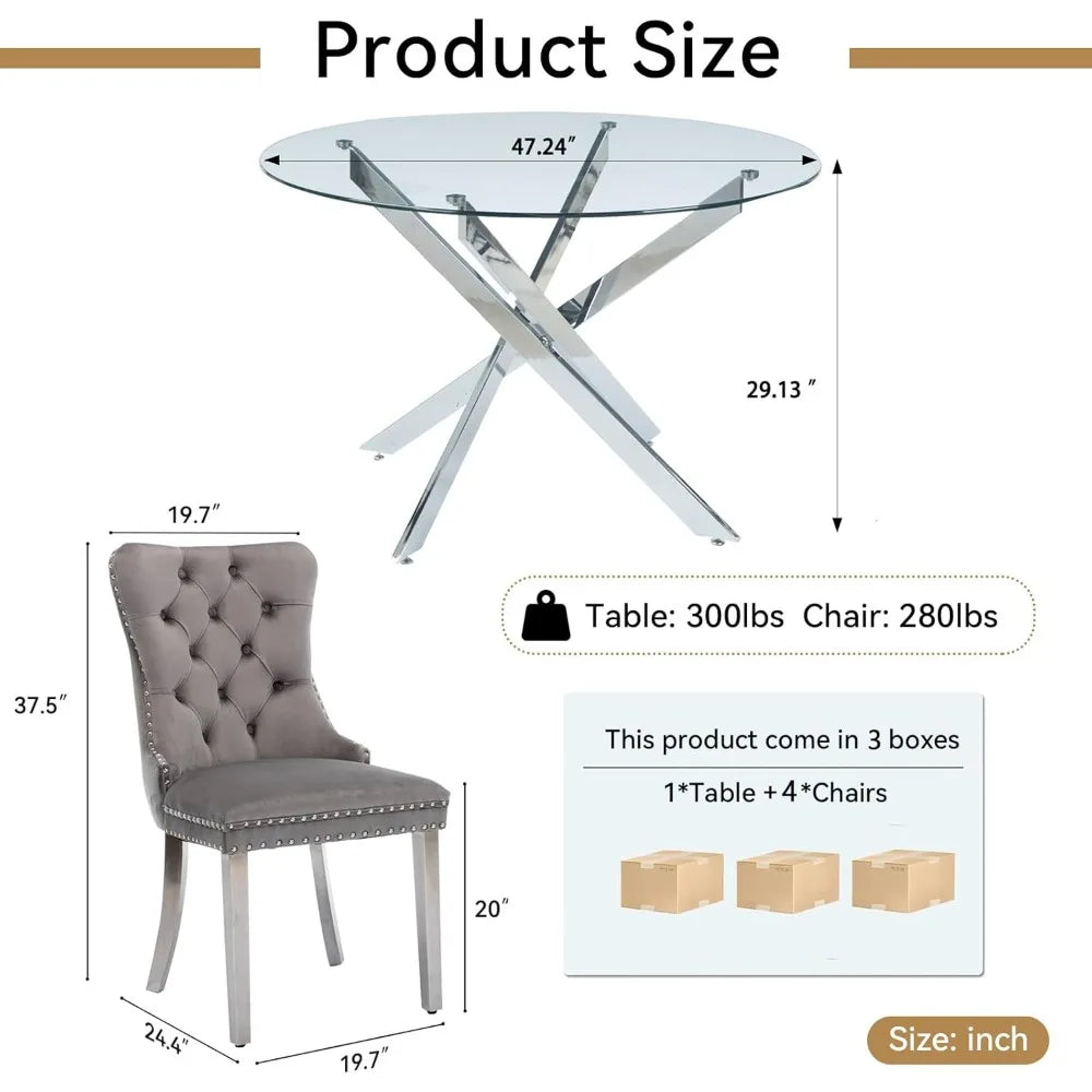 47.24 Inch Modern Silver Glass Dining Table Set For 4