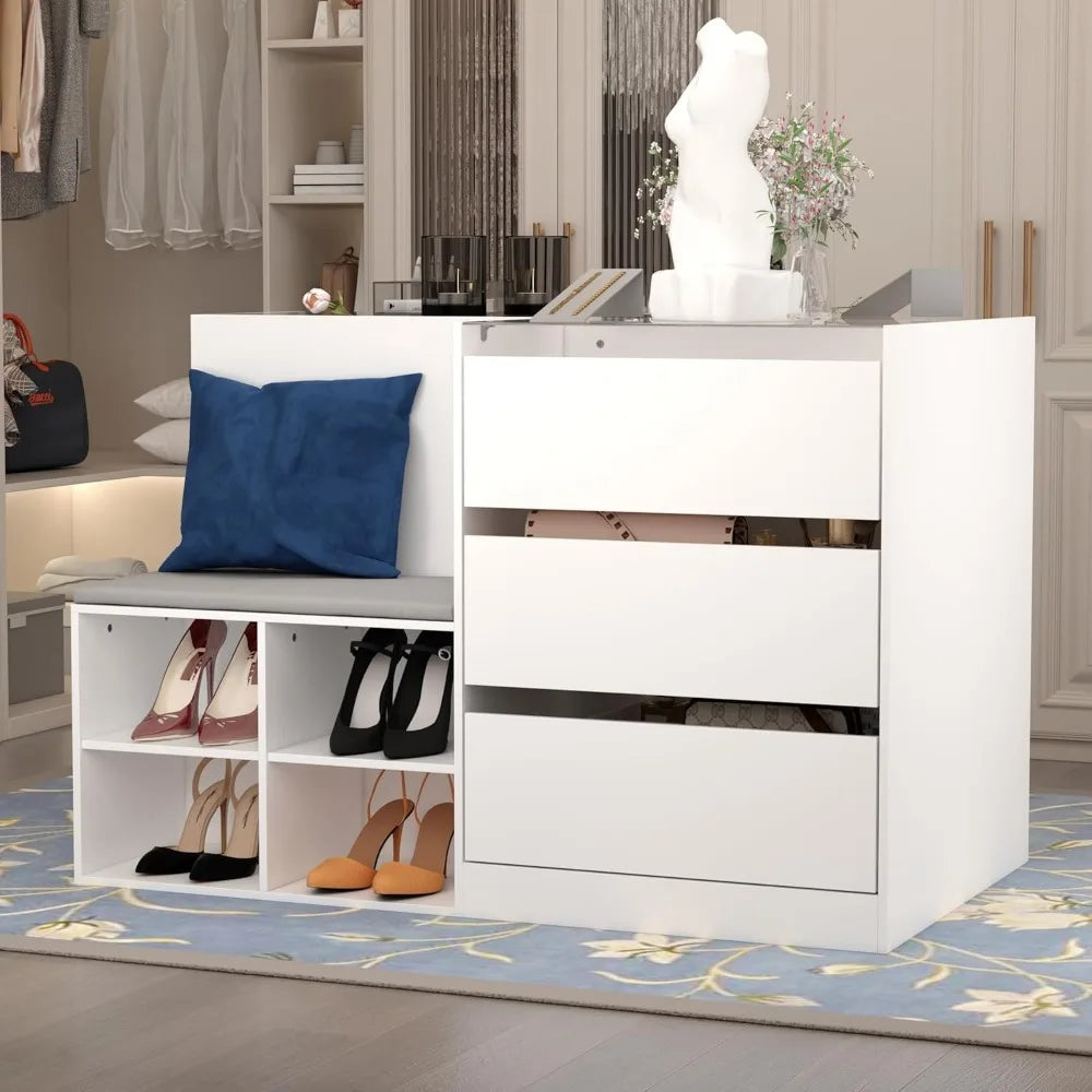 Glass Display Cabinet With 9 Drawers And Shoe Bench
