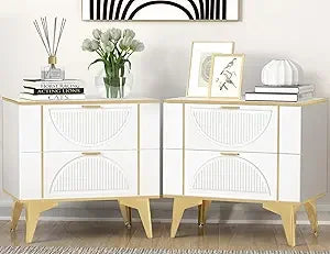 White Gold Wood Nightstand Set Of Two With Two Drawers