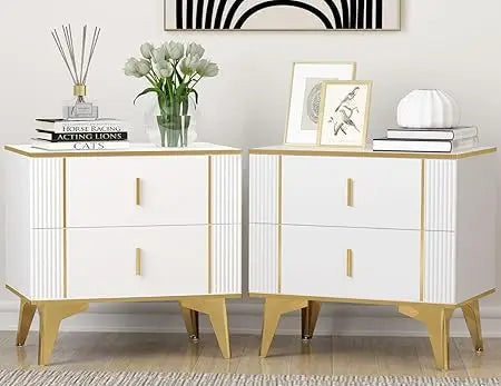 White Gold Wood Nightstand Set Of Two With Two Drawers