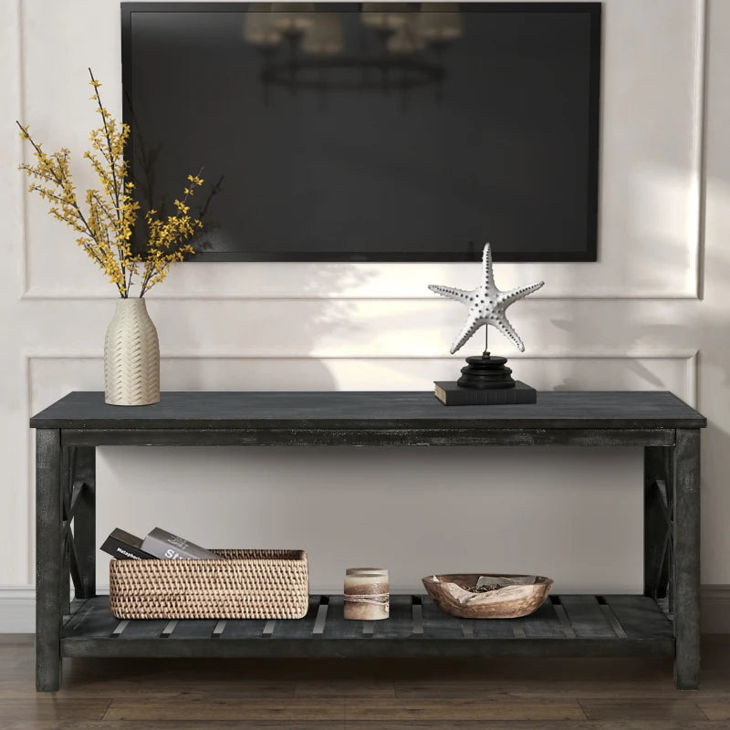 47 Inch Farmhouse Rectangle Coffee Table With Storage Shelf