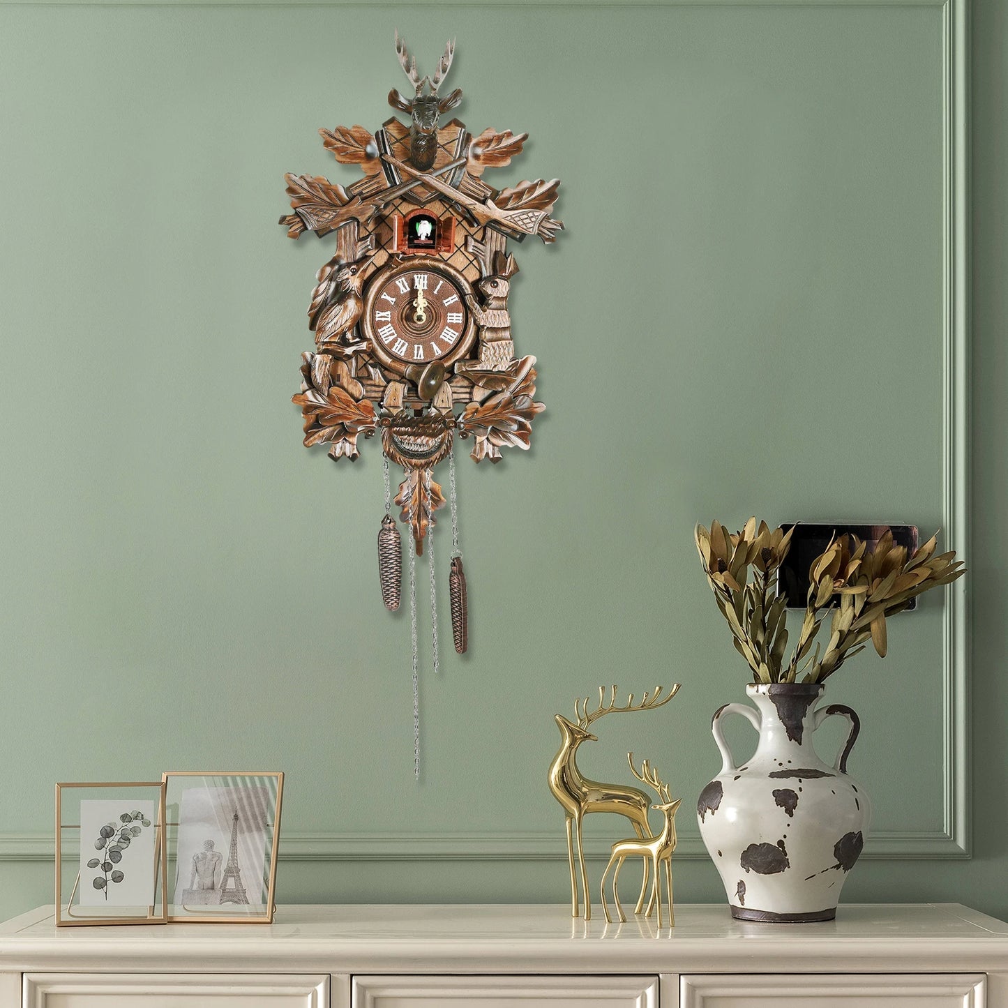 Forest Nordic Cuckoo Wall Timekeeper Handcrafted Intricately Timbered Bird Parlor