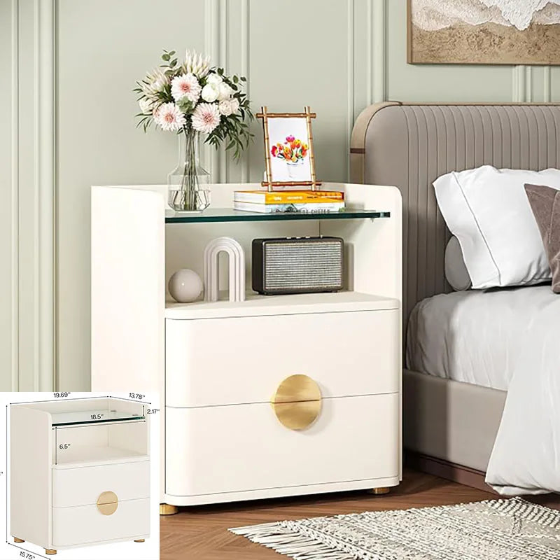 Modern White Nightstand With 2 Drawers And Shelf For Bedroom