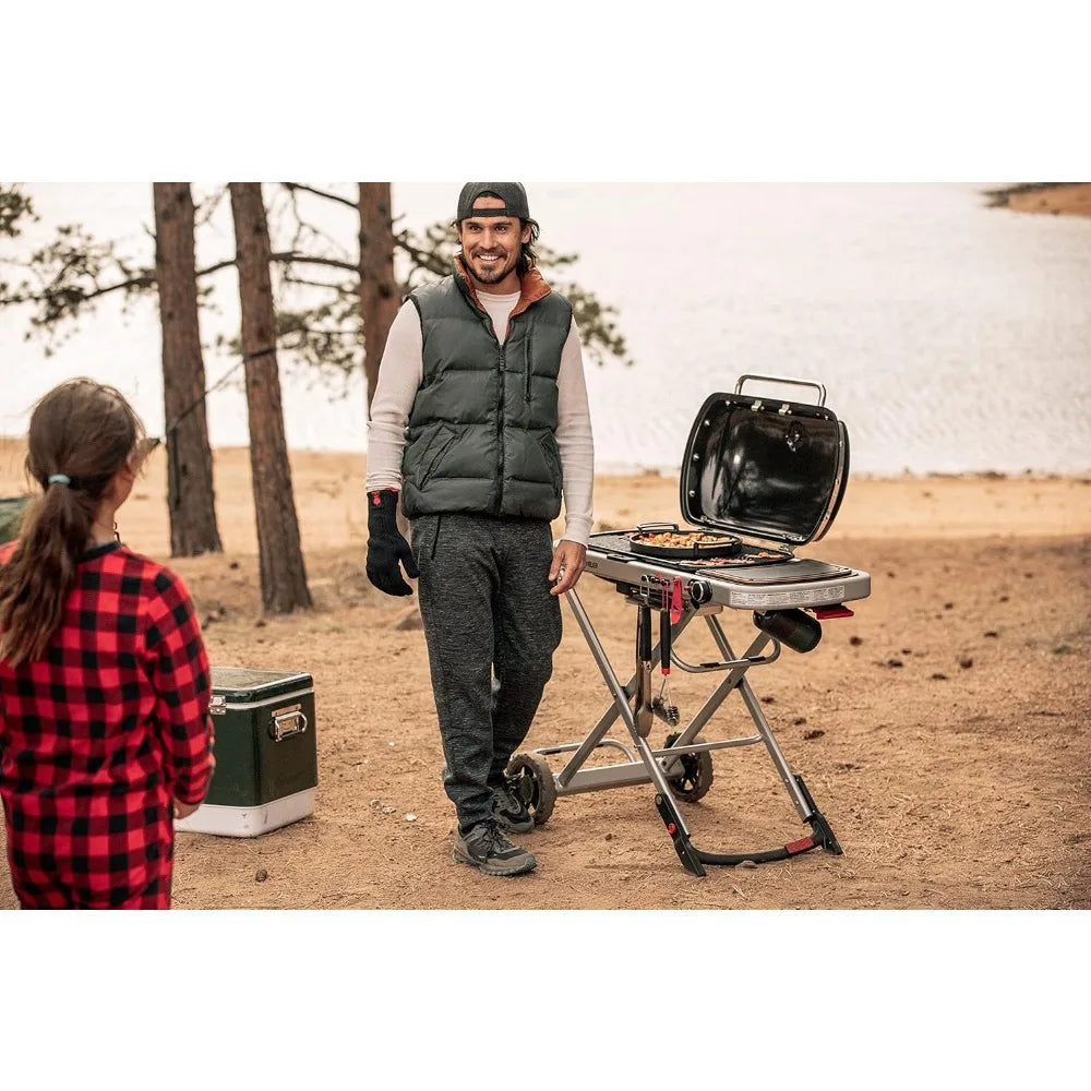 Traveler Portable Gas Grill With Enameled Cast Iron Cooking Grate For On The Go Grilling