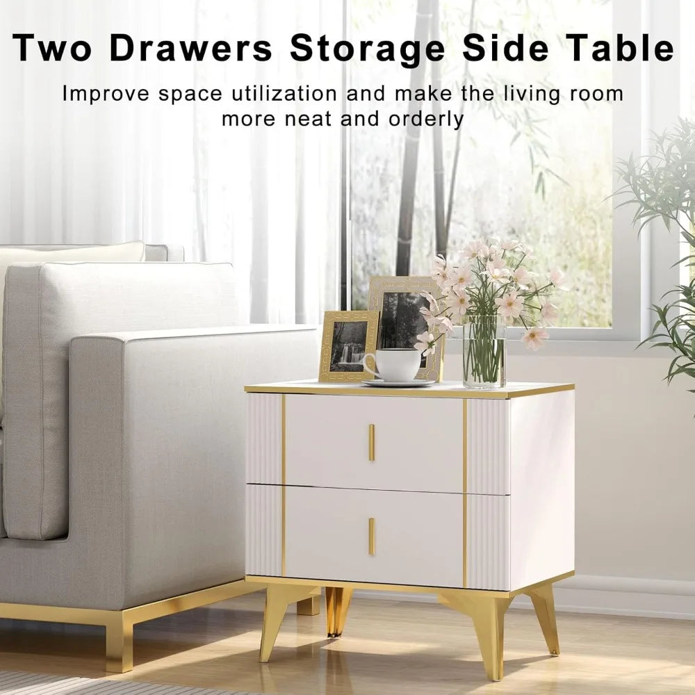 White Gold Wood Nightstand Set Of Two With Two Drawers