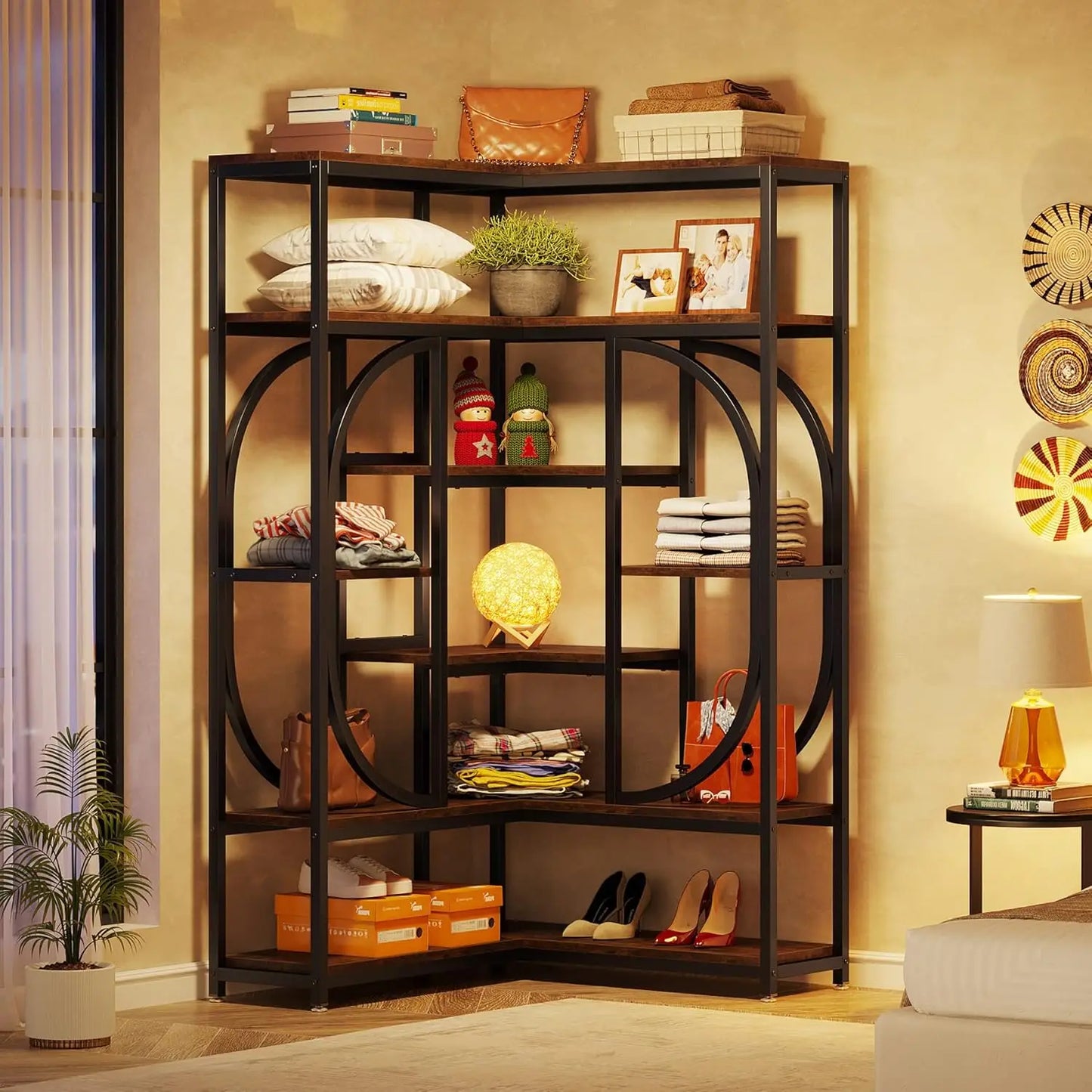 7 Shelf L Shaped Corner Bookshelf With Metal Frame Storage