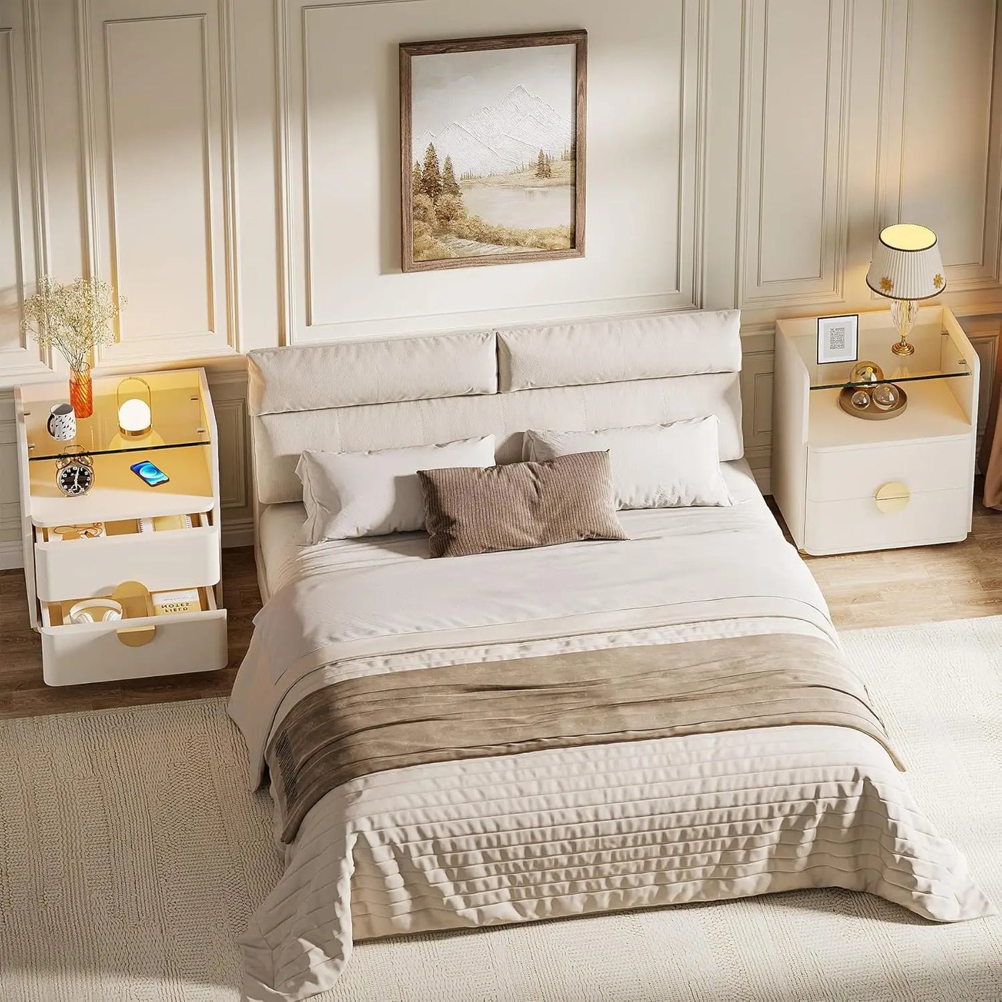 Modern White Nightstand With 2 Drawers And Shelf For Bedroom