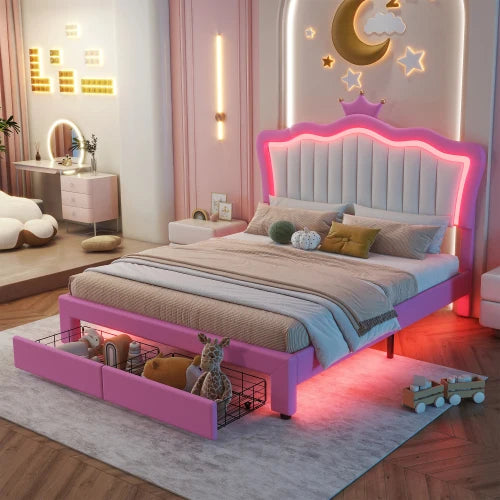 Full Size Padded Princess Bed Frame With LED Lights