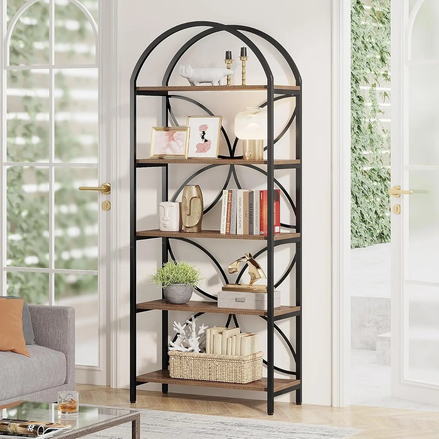 5 Tier Arched 75 Inch Bookshelf For Living Room Office