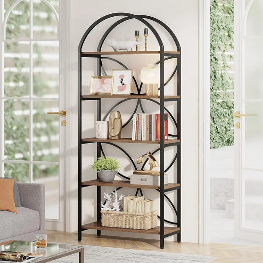 5 Tier Arched 75 Inch Bookshelf For Living Room Office