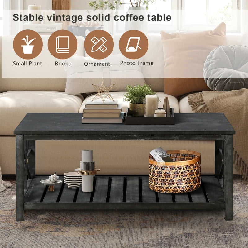 47 Inch Farmhouse Rectangle Coffee Table With Storage Shelf