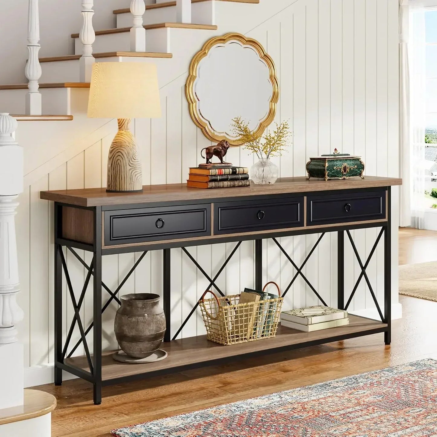 XMSJ Farmhouse Console Table With 3 Drawers Storage