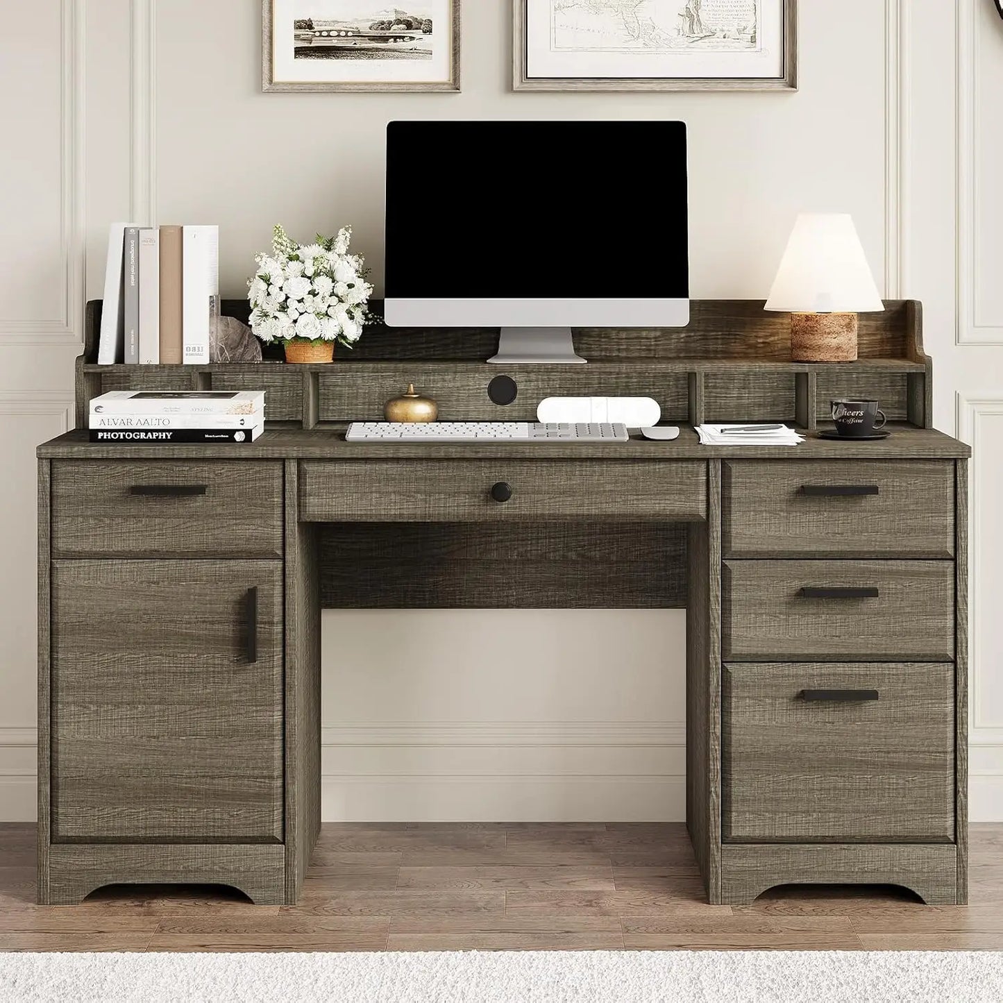 GUANGBAI Executive Desk With Hutch And Storage Computer Desk For Home Office Organization