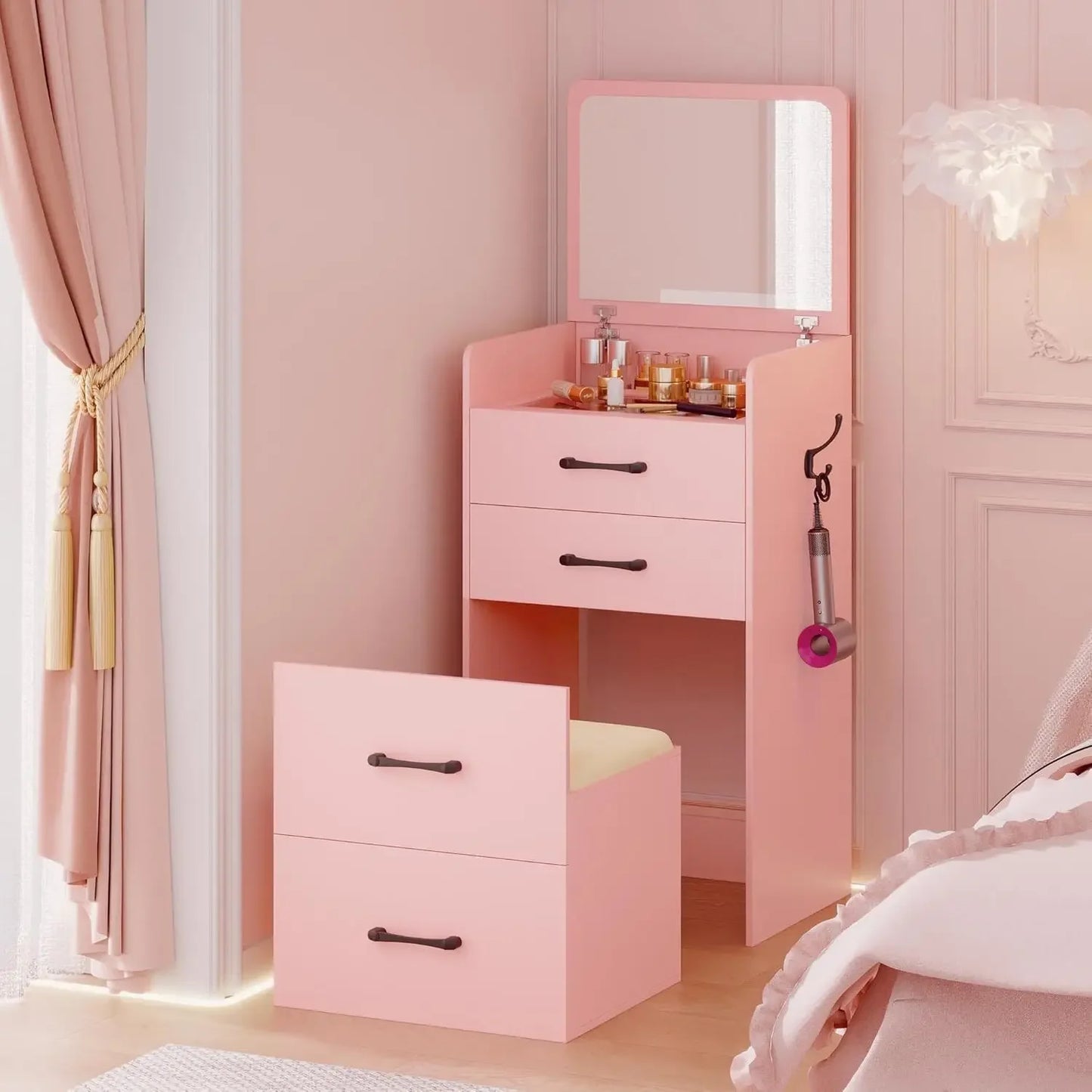 3 in 1 Flip Top Vanity Desk With Mirror And Drawers